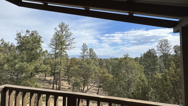A wooden deck with a view of a forested landscape. - Beautiful Cabin with Hot Tub (Alto)