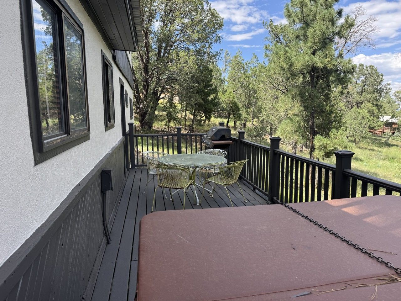 A covered outdoor area with a table and chairs, a barbecue grill, and a view of trees and a distant building.