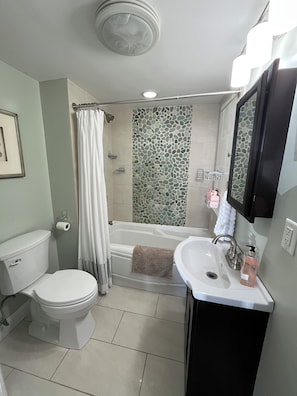 A bathroom with a toilet, bathtub, and sink.