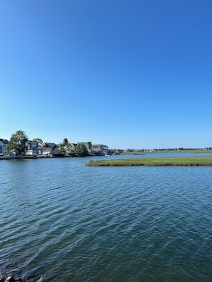 A waterfront view with houses and a grassy area.