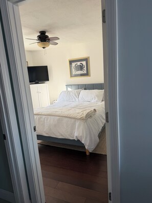 A bedroom with a bed, a ceiling fan, a framed picture on the wall, and a television on a cabinet.