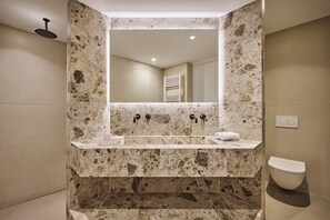 Shower, towels, soap, toilet paper