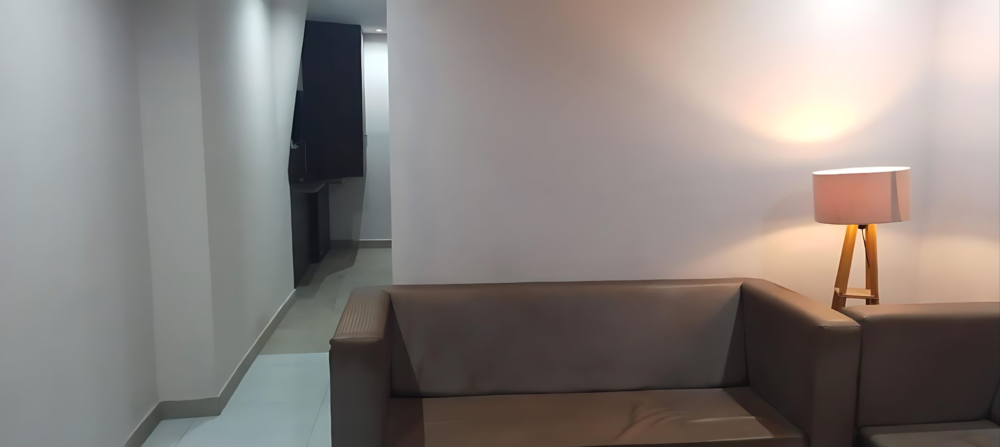 A modern living room with a sofa and a floor lamp.