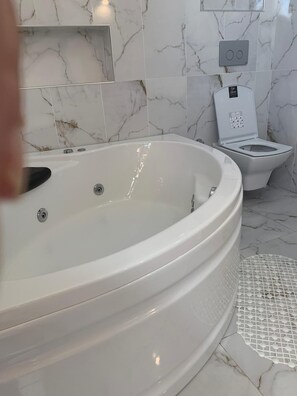 Douche, baignoire à jets, sèche-cheveux, serviettes fournies