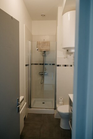 Shower, hair dryer, towels, toilet paper