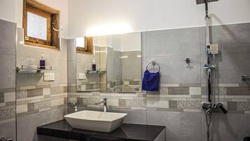 Bidet, towels, soap, toilet paper