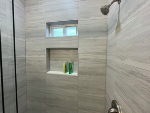 Hair dryer, towels, soap, shampoo