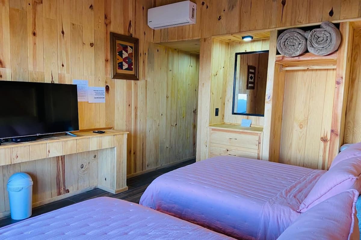A wooden cabin room with two beds, a TV, and a small desk.