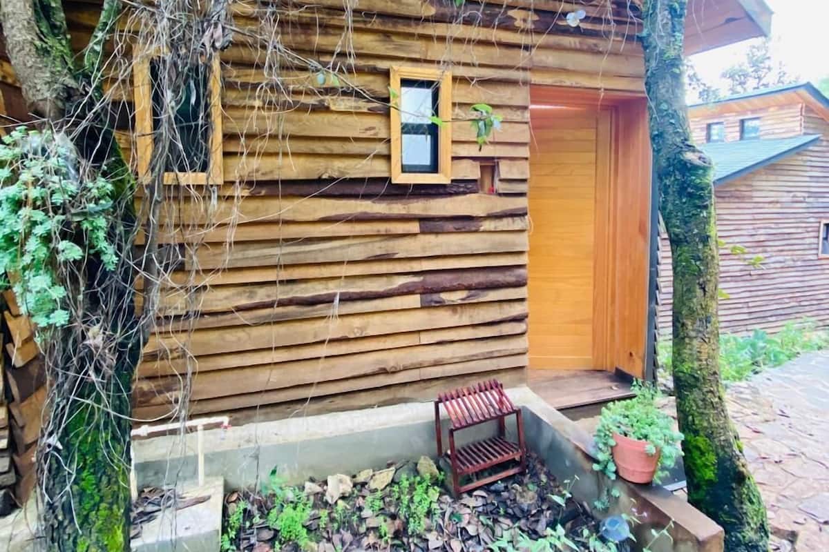 A rustic wooden cabin with a wooden door, a small window, and a bench outside.