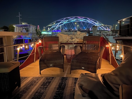 Property grounds. Vintage 1969 Boat on the Providence Marina near Brown University and RISD