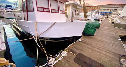 Vintage 1969 Boat on the Providence Marina near Brown University and RISD