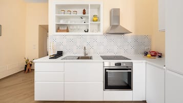 Panoramic Apartment, Sea View | Private kitchen | Fridge, oven, stovetop, espresso maker