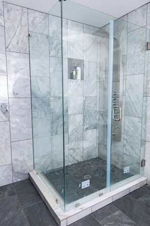 Shower, towels, soap, toilet paper