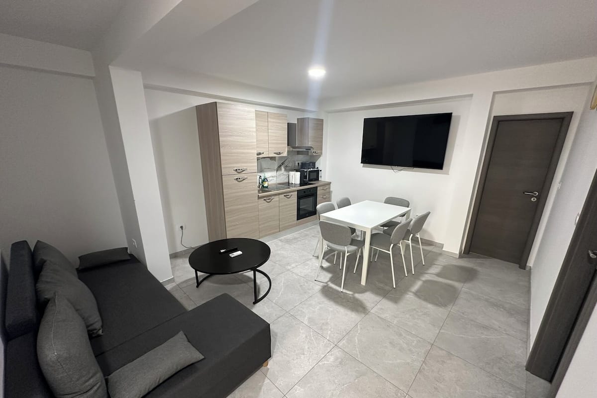 Een ruimtelijke woonkamer met een bank, een eettafel met stoelen, een keukenhoek en een aan de muur bevestigde televisie.