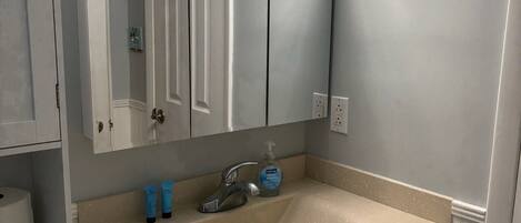 A bathroom with a sink, mirror, and toilet paper.