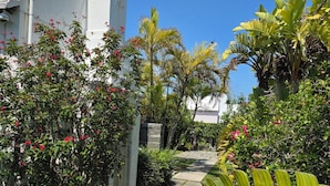Un sendero que conduce a un edificio blanco con una estatua en la parte superior, rodeado de exuberante vegetación y plantas florecientes.