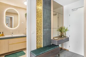 Hair dryer, towels, soap, toilet paper