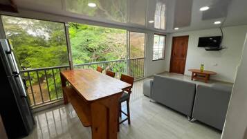 Apartamento Deluxe, balcón, vistas al parque | Zona de estar | Smart TV de 32 pulgadas con canales por satélite