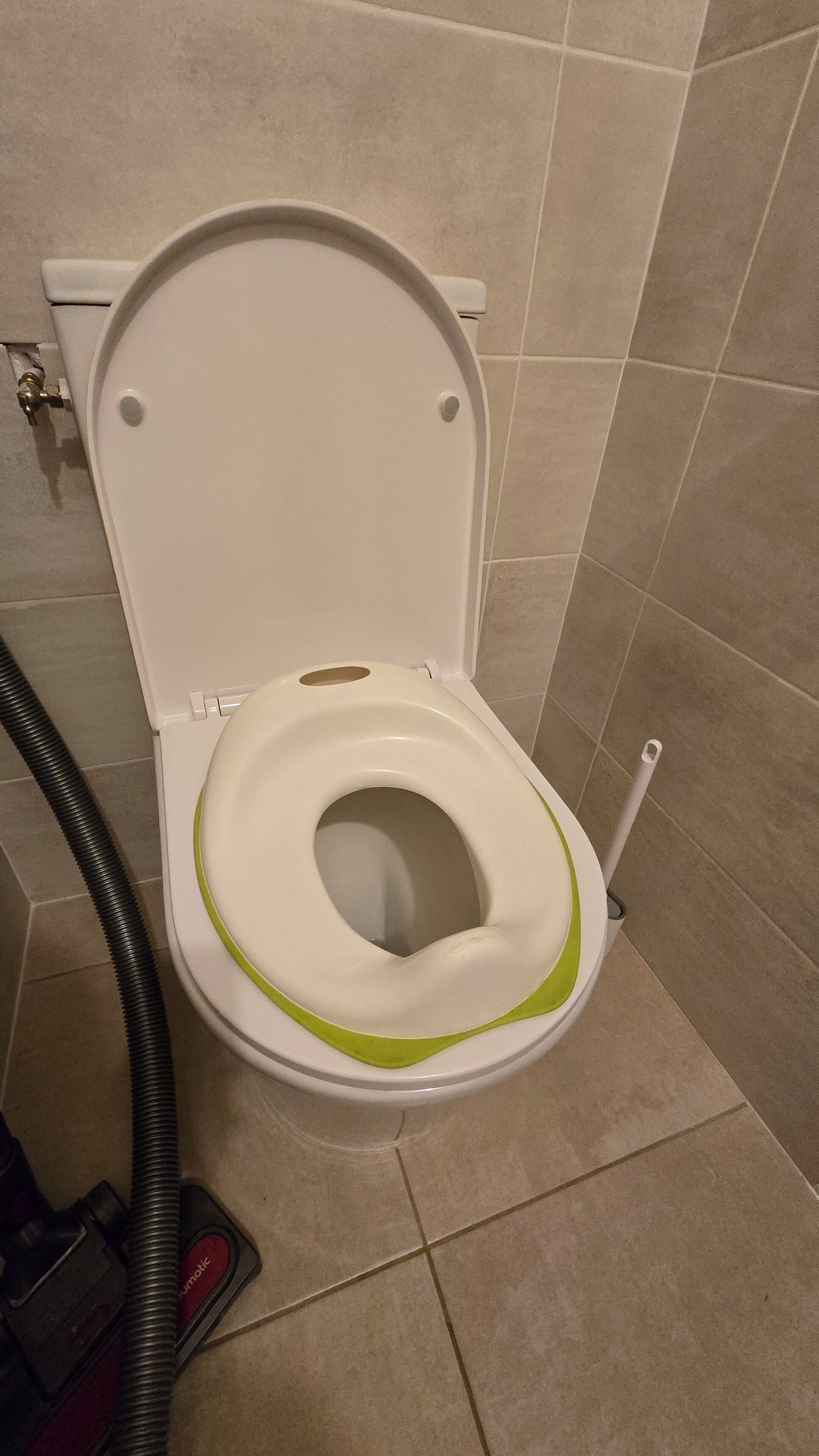 Un inodoro con borde verde y asiento blanco, una manguera de aspiradora negra y un suelo de baldosas.