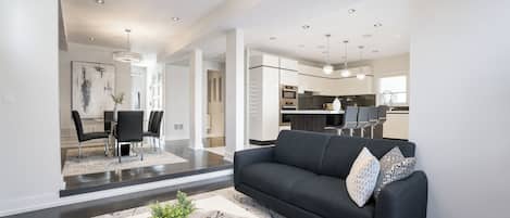 Smart TV, fireplace, video games, DVD player