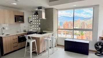 Classic Apartment, 1 Queen Bed with Sofa bed, City View | Private kitchen | Fridge, microwave, oven, stovetop