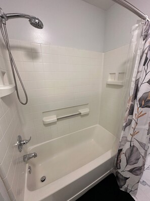 Hair dryer, towels, soap, shampoo