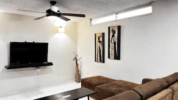 A modern living room with a flat-screen TV, a ceiling fan, a brown leather sofa, and two framed artworks on the wall.