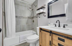 Hair dryer, towels, soap, toilet paper