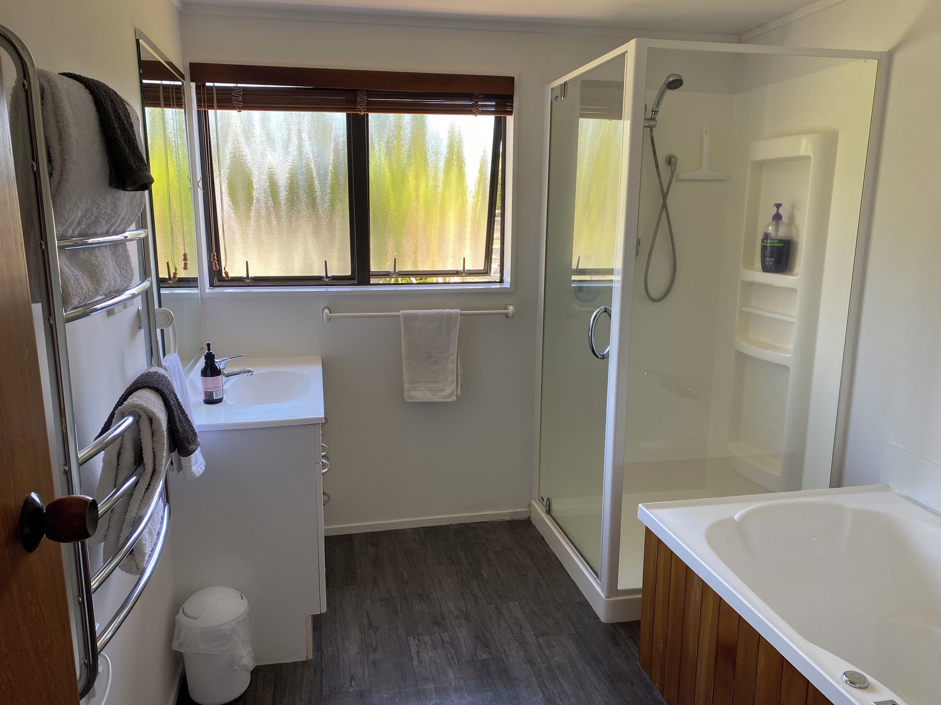 Shower, jetted bath, hair dryer, towels