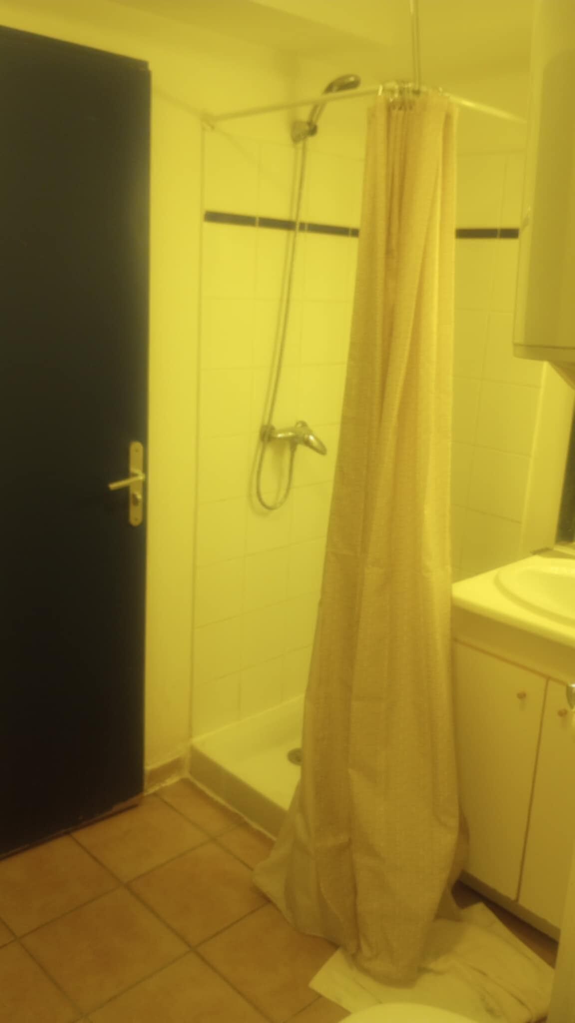 A bathroom with a shower, a toilet, and a sink.