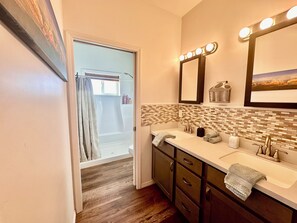 Hair dryer, towels, soap, toilet paper