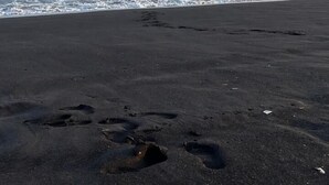 Une plage où l’on voit des empreintes de pas menant à l’eau, et un navire à l’horizon.