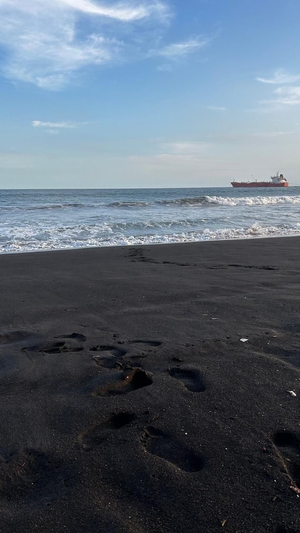 Una playa con huellas que conducen al agua y un barco a lo lejos.