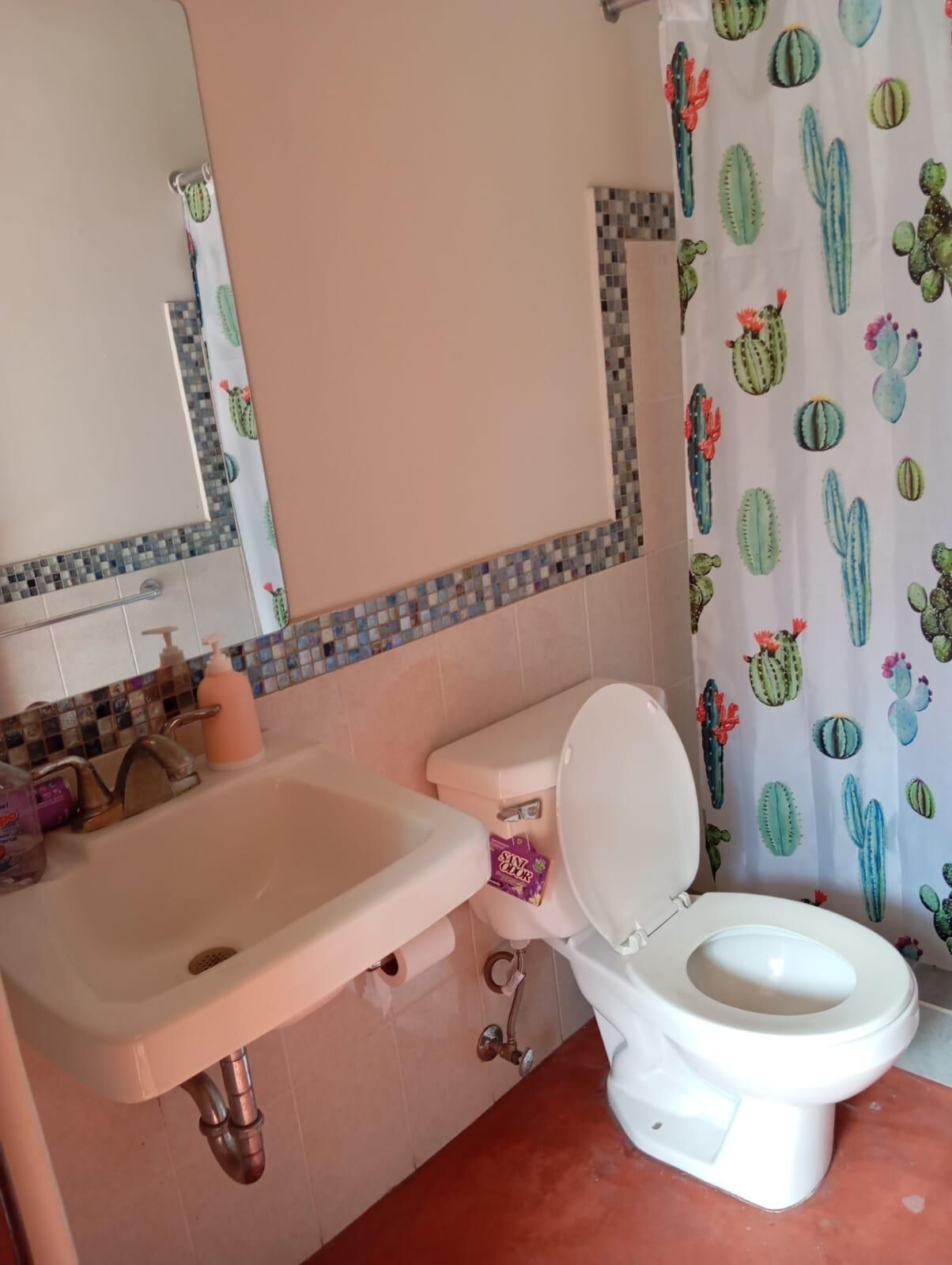 Een badkamer met een wastafel, toilet en douchegordijn met een cactusthema.