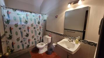 A bathroom with a toilet, sink, mirror, and shower curtain with a cactus pattern.