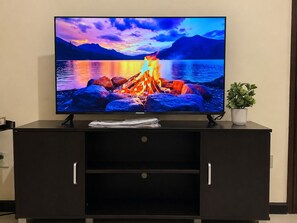A television on a dark wooden entertainment center with a mountain and lake scene on the screen.
