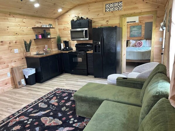 A compact, wood-paneled room with a kitchenette, a green sofa, and a floral rug.