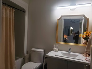 Hair dryer, towels, soap, toilet paper