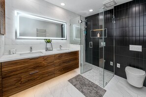 Shower, hair dryer, towels