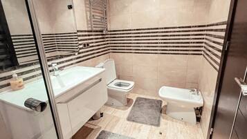 Shower, hair dryer, bathrobes, towels
