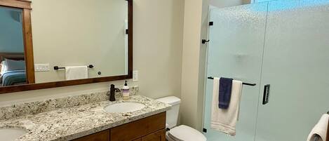 A bathroom with a granite countertop sink, a white toilet, and a glass shower enclosure.