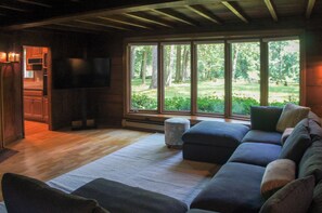 Smart TV, chimenea, oficina y monitor de computadora 