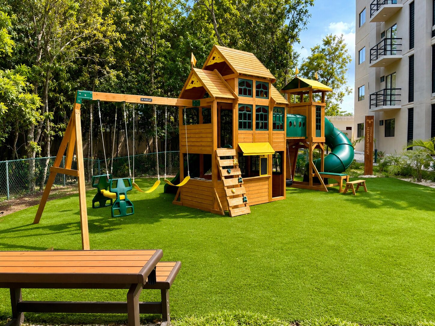 Une cabane en bois avec un toboggan et un mur d’escalade, entourée d’une cour clôturée recouverte de gazon synthétique.