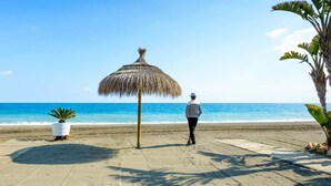 A beach with a thatched umbrella, a person standing, and a palm tree.