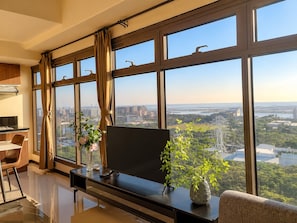 Una habitación de hotel moderna con un amplio ventanal, televisor de pantalla plana, zona de comedor y una planta.