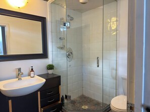 Hair dryer, towels, soap, toilet paper