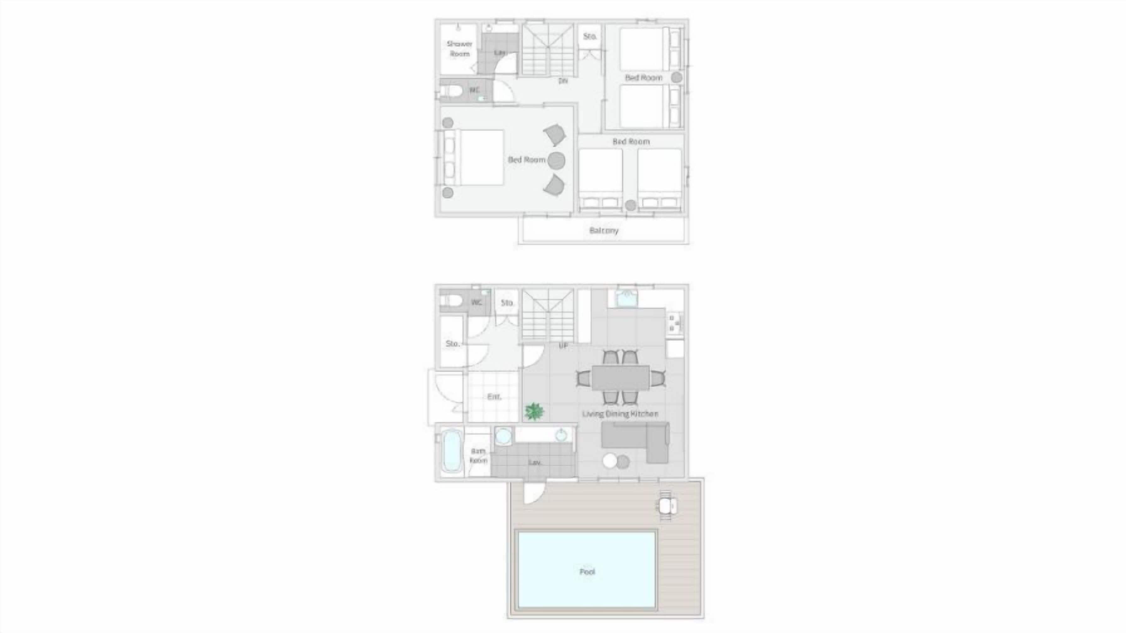 A floor plan with a bedroom, bathroom, living room, dining area, and a pool.