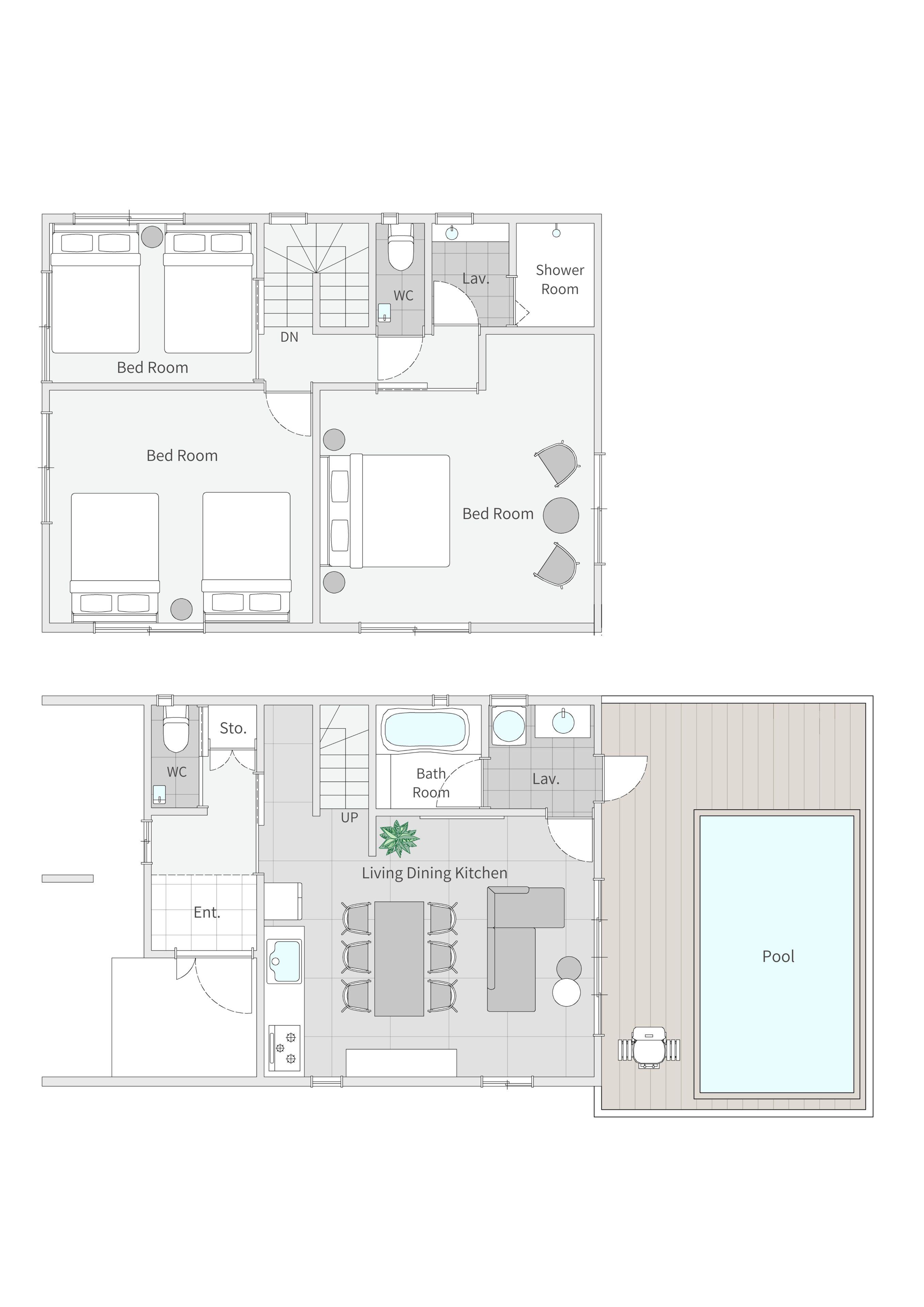 Een plattegrond van een hotel met twee slaapkamers, een badkamer, een doucheruimte, een woon/eetkeuken, een entree en een zwembad.