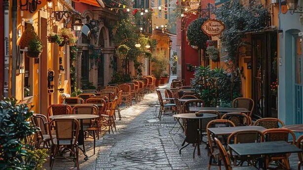 A cobblestone street lined with outdoor seating areas and cafes, featuring traditional European architecture and hanging plants.