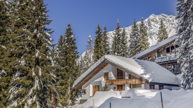 Un chalet de montagne enneigé, avec une façade en bois et un balcon, entouré de grands arbres à feuilles persistantes et de montagnes recouvertes de neige.